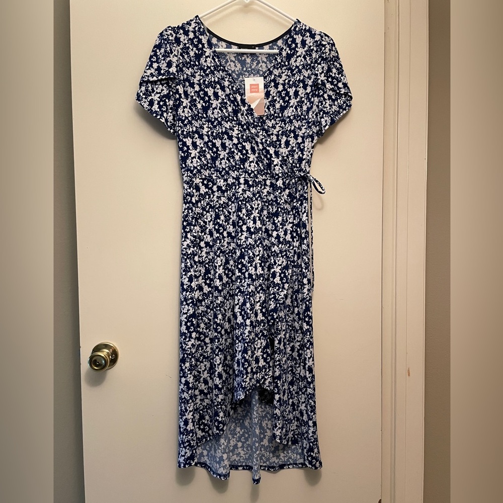 Blue and white midi dress - faux wrap SP